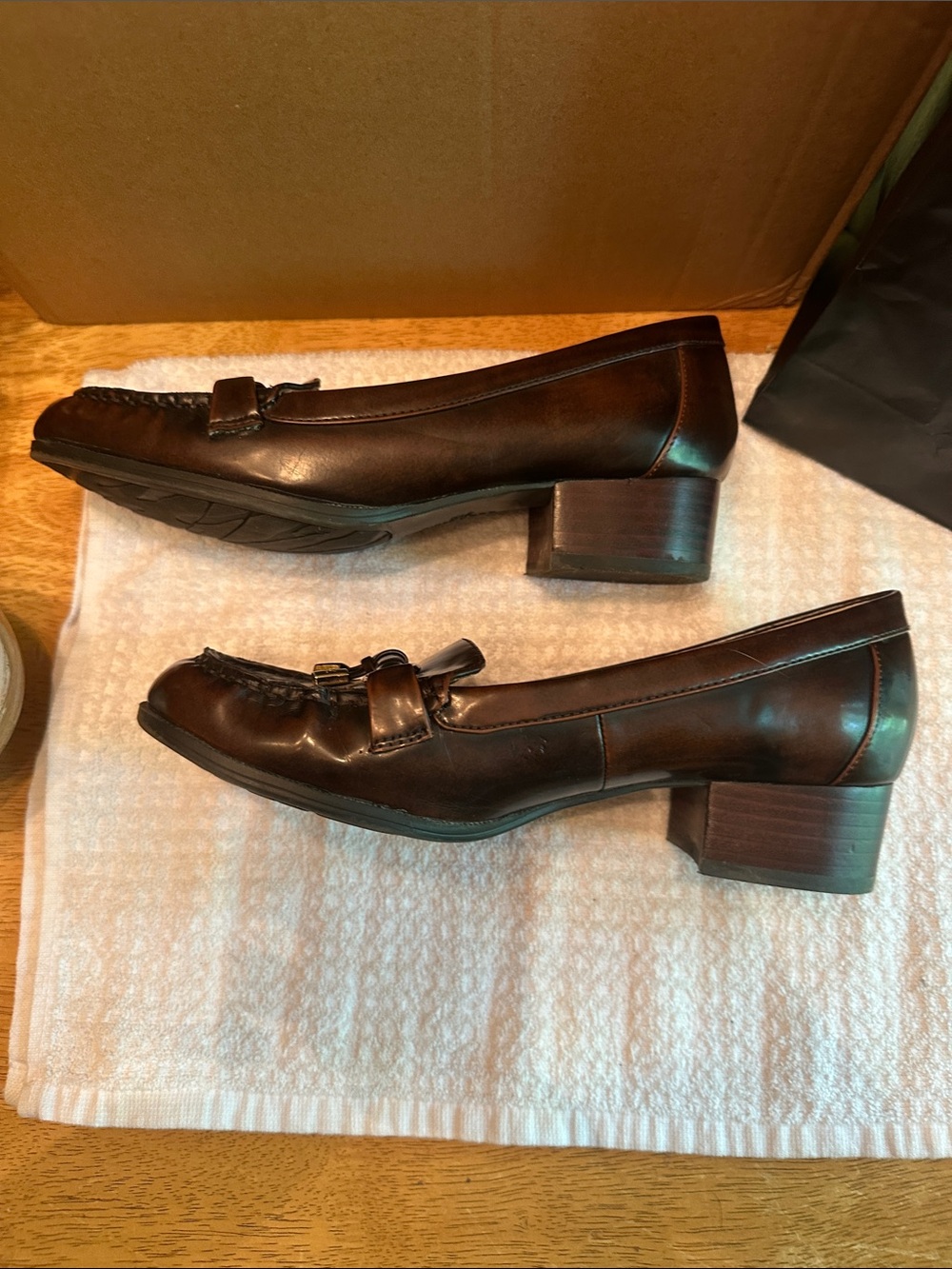 Anne Klein Dark Brown Leather Loafers with Gold Hardware - Picture 5 of 7